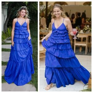 STAUD Rylie Tiered Ruffle Maxi Dress Royal Blue Lapis XL NWT Resort
